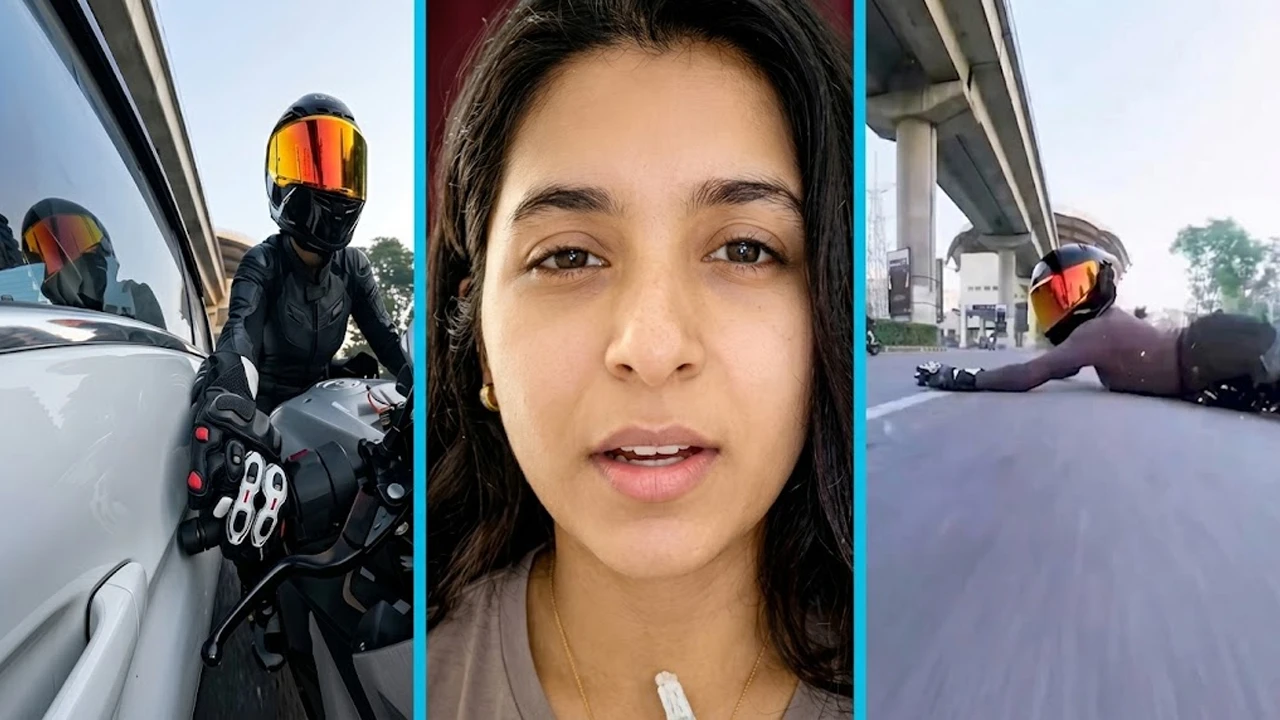 গাড়ির ধাক্কায় ছিটকে পড়লেন নারী বাইকার (ভিডিও)